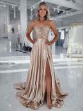 Glitter Champagne A Line Spaghetti Strips Metallic Long Prom Dress with Slit