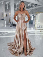 Glitter Champagne A Line Spaghetti Strips Metallic Long Prom Dress with Slit