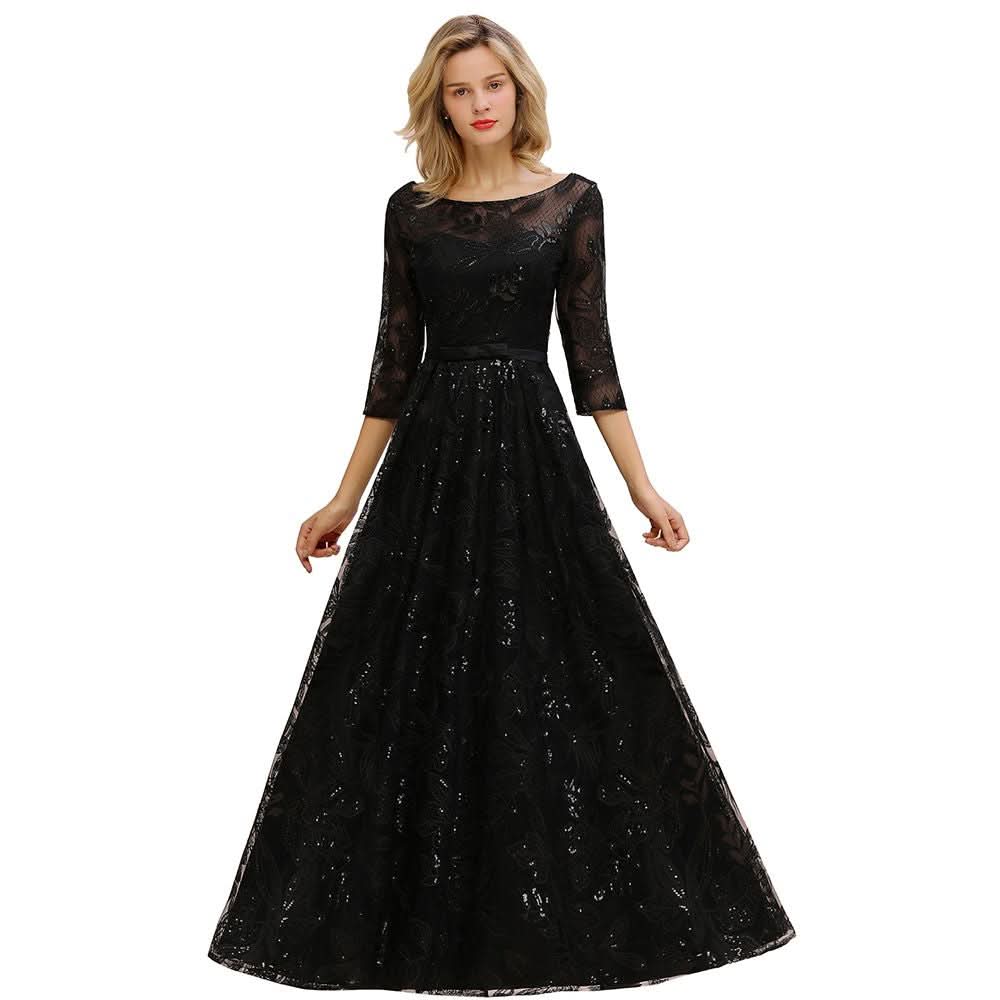 BMbride Charming Black Half Sleeves Tulle Sequins Evening Dress 20s Aline Prom Dress BMbride
