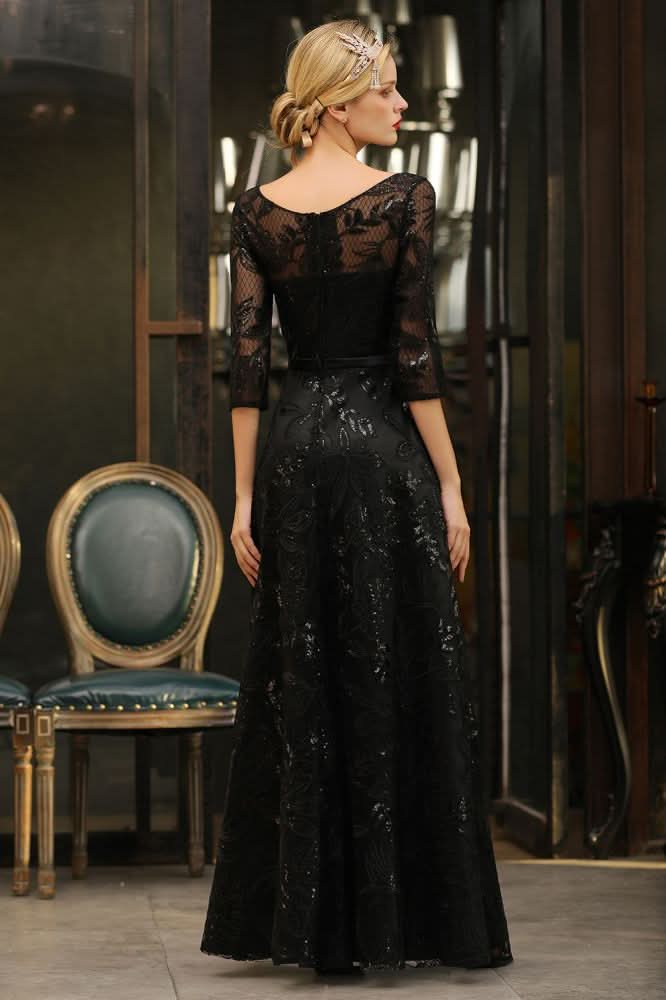 BMbride Charming Black Half Sleeves Tulle Sequins Evening Dress 20s Aline Prom Dress BMbride