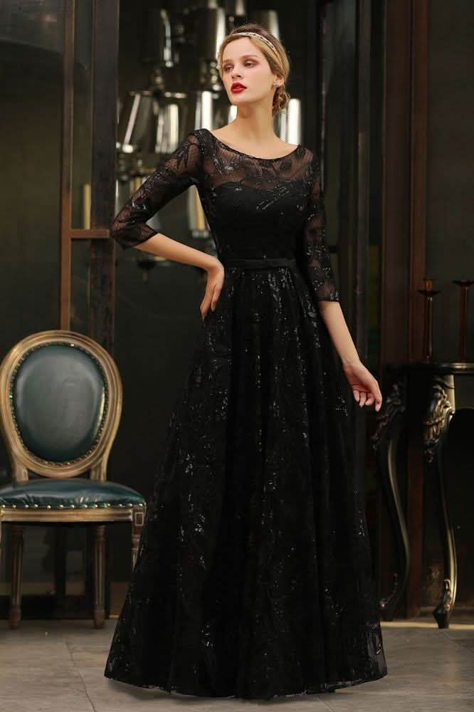 BMbride Charming Black Half Sleeves Tulle Sequins Evening Dress 20s Aline Prom Dress BMbride