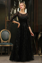 BMbride Charming Black Half Sleeves Tulle Sequins Evening Dress 20s Aline Prom Dress BMbride