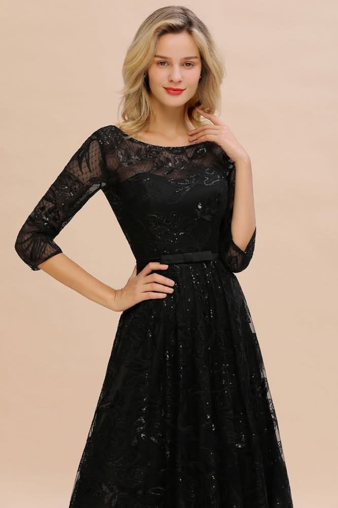BMbride Charming Black Half Sleeves Tulle Sequins Evening Dress 20s Aline Prom Dress BMbride