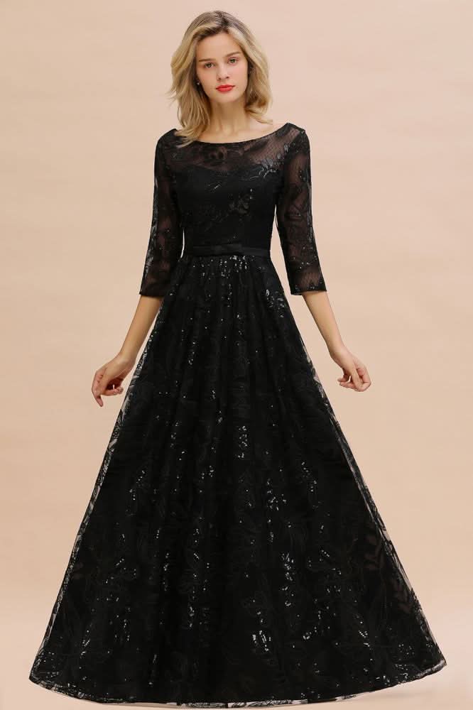 BMbride Charming Black Half Sleeves Tulle Sequins Evening Dress 20s Aline Prom Dress BMbride