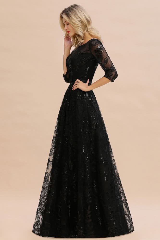 BMbride Charming Black Half Sleeves Tulle Sequins Evening Dress 20s Aline Prom Dress BMbride