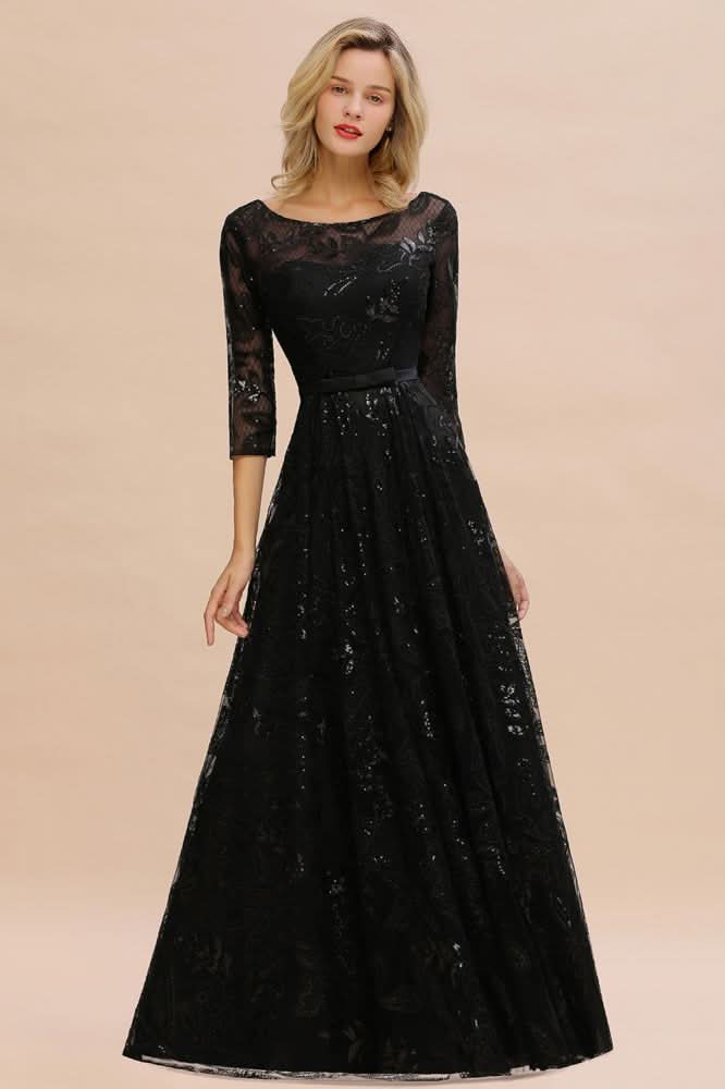 BMbride Charming Black Half Sleeves Tulle Sequins Evening Dress 20s Aline Prom Dress BMbride