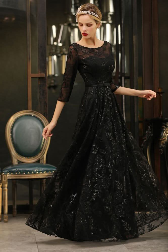 BMbride Charming Black Half Sleeves Tulle Sequins Evening Dress 20s Aline Prom Dress BMbride
