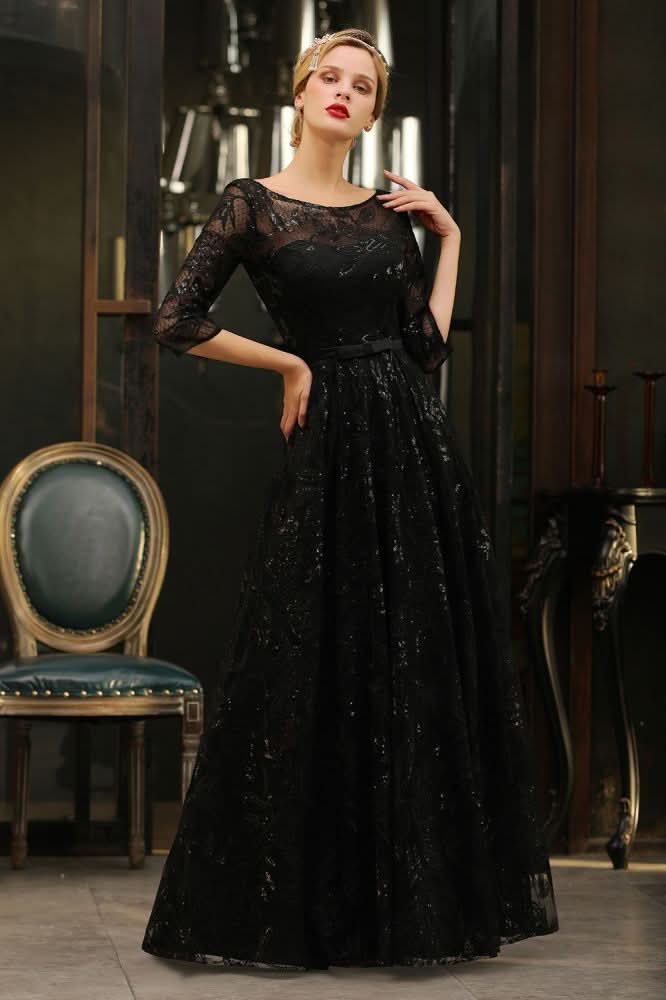 BMbride Charming Black Half Sleeves Tulle Sequins Evening Dress 20s Aline Prom Dress BMbride