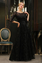 BMbride Charming Black Half Sleeves Tulle Sequins Evening Dress 20s Aline Prom Dress BMbride
