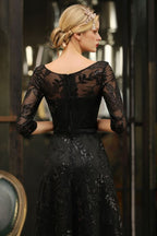 BMbride Charming Black Half Sleeves Tulle Sequins Evening Dress 20s Aline Prom Dress BMbride