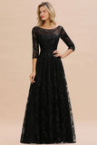 BMbride Charming Black Half Sleeves Tulle Sequins Evening Dress 20s Aline Prom Dress BMbride