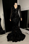 Charming Black V-neck Mermaid Prom Dress with Long Sleeves for a Stylish Look BM bride