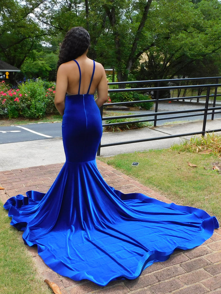 BMbride Charming Blue Spaghetti Straps V-neck Transparent lace Column Mermaid Prom Dresses BMbride