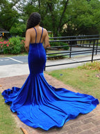 BMbride Charming Blue Spaghetti Straps V-neck Transparent lace Column Mermaid Prom Dresses BMbride