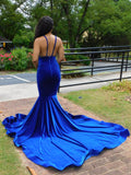 BMbride Charming Blue Spaghetti Straps V-neck Transparent lace Column Mermaid Prom Dresses BMbride