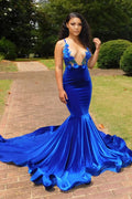 BMbride Charming Blue Spaghetti Straps V-neck Transparent lace Column Mermaid Prom Dresses BMbride