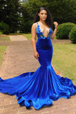 BMbride Charming Blue Spaghetti Straps V-neck Transparent lace Column Mermaid Prom Dresses BMbride