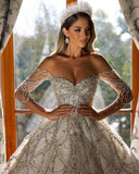 BMbride Charming Floor Length Sweetheart Long Sleeves A-Line Lace Wedding Dress BMbride