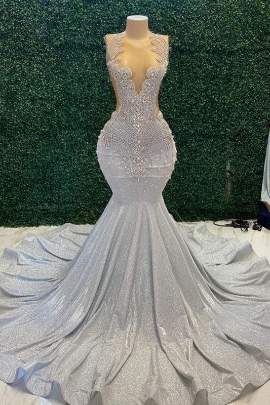 Charming Jewel Neck Sleeveless Shiny Rhinestones Mermaid Prom Dress for a Sparkling Appearance BM bride