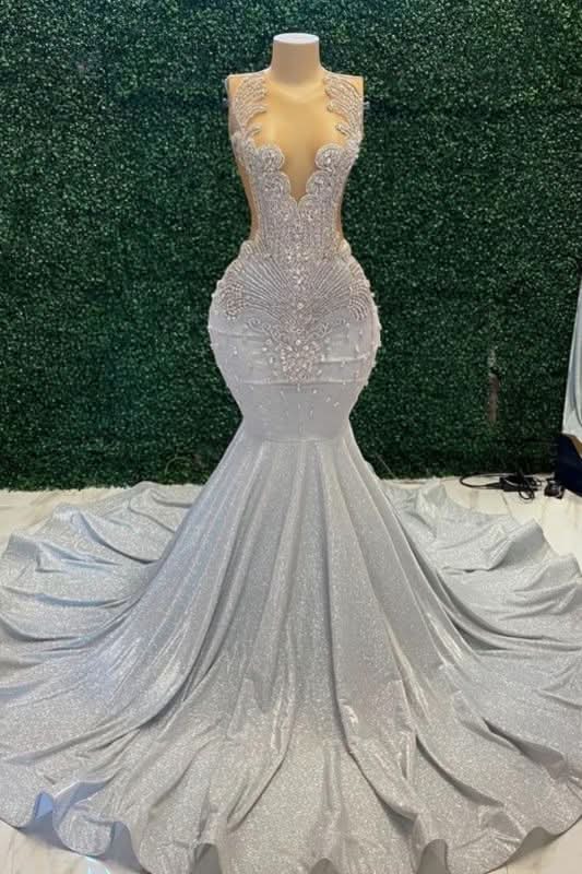 Charming Jewel Neck Sleeveless Shiny Rhinestones Mermaid Prom Dress for a Sparkling Appearance BM bride