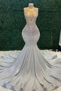 BMbride Charming Jewel Neck Sleeveless Shiny Rinestones Mermaid Prom Dress BMbride