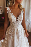 BMbride Charming Long A-line V-neck Backless Lace Sleeveless Wedding Dress With Pockets BMbride