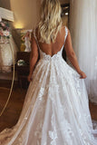 BMbride Charming Long A-line V-neck Backless Lace Sleeveless Wedding Dress With Pockets BMbride