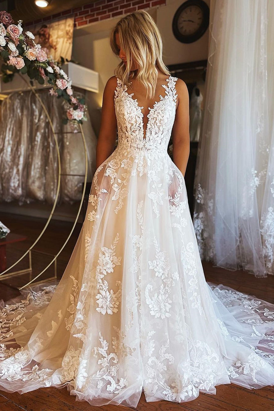 BMbride Charming Long A-line V-neck Backless Lace Sleeveless Wedding Dress With Pockets BMbride
