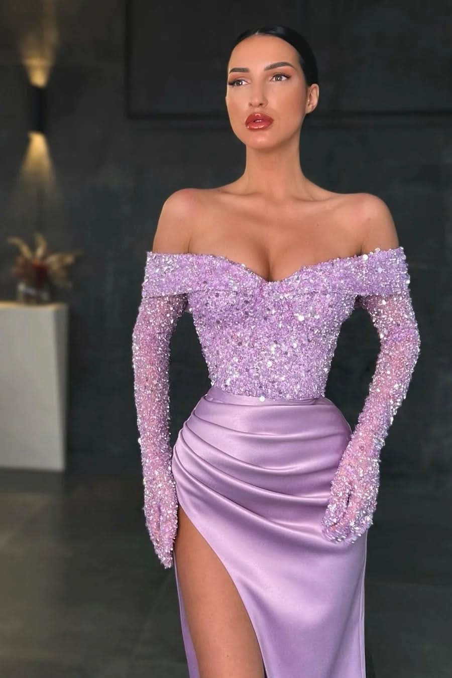 BMbride Charming Long Mermaid Off-the-shoulder Long Sleeves Lace Prom Dress With Slit BMbride