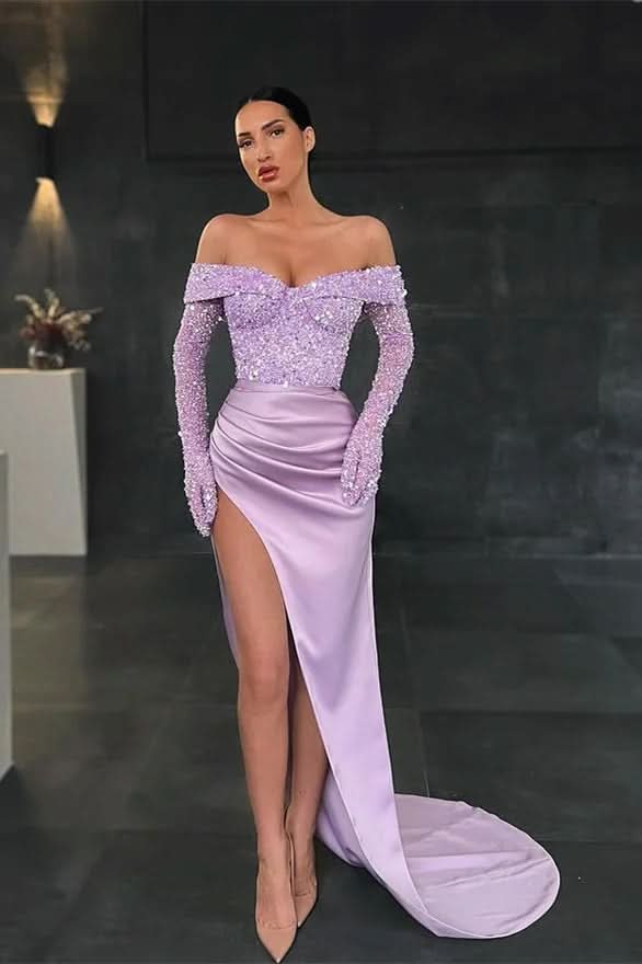 BMbride Charming Long Mermaid Off-the-shoulder Long Sleeves Lace Prom Dress With Slit BMbride