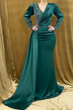 BMbride Charming Long Satin V-neck Mermaid Prom Dress With Beading BMbride