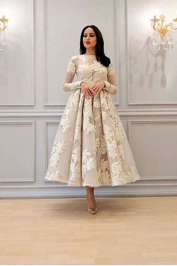 BMbride Charming Long Sleeves Floral A-line Evening Dress Ankle Length Party Dress BMbride