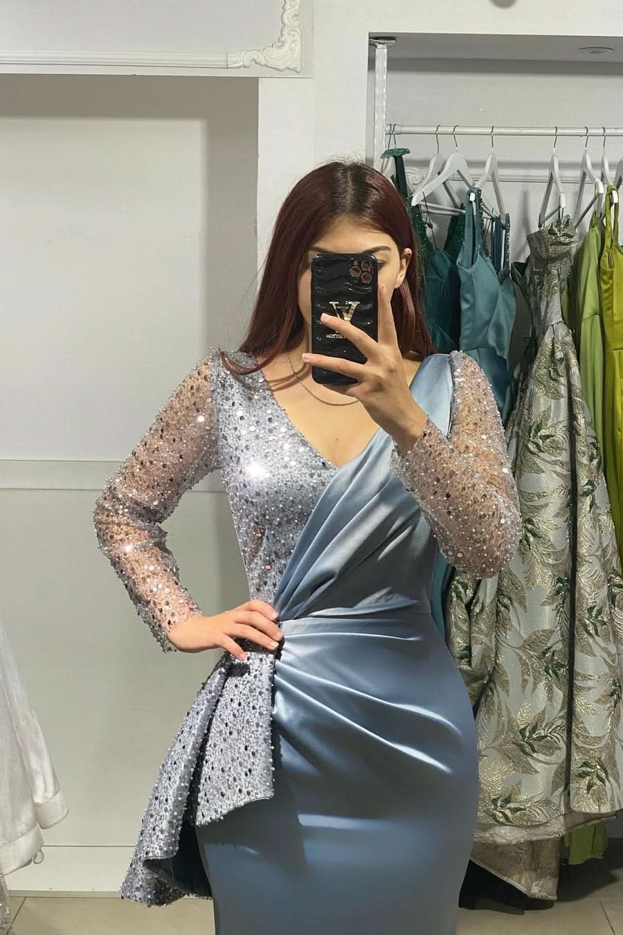 BMbride Charming Long V-Neck Long Sleeves Mermaid Prom Dress With Rhinestone BMbride