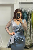 BMbride Charming Long V-Neck Long Sleeves Mermaid Prom Dress With Rhinestone BMbride