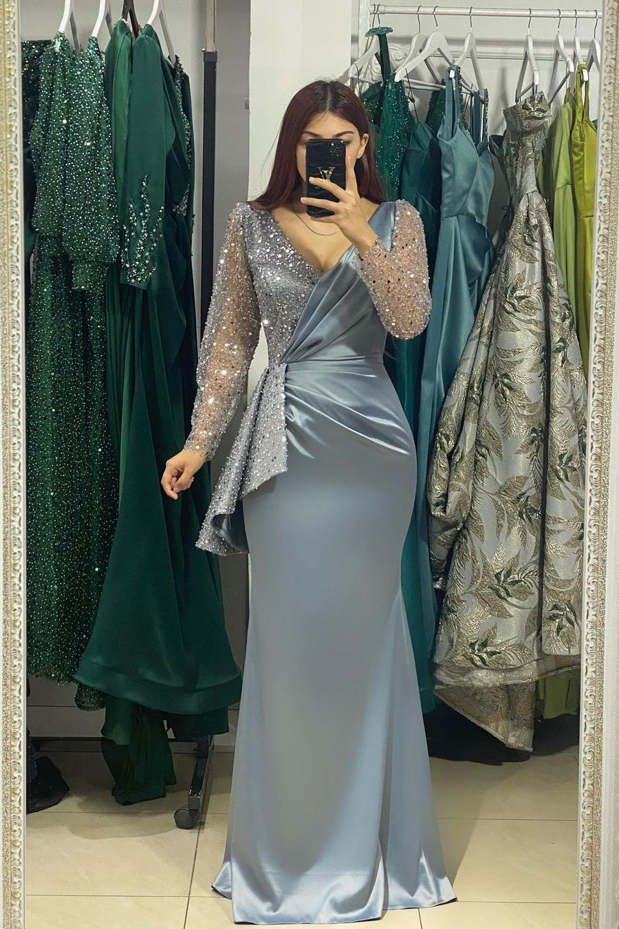 BMbride Charming Long V-Neck Long Sleeves Mermaid Prom Dress With Rhinestone BMbride