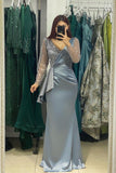 BMbride Charming Long V-Neck Long Sleeves Mermaid Prom Dress With Rhinestone BMbride