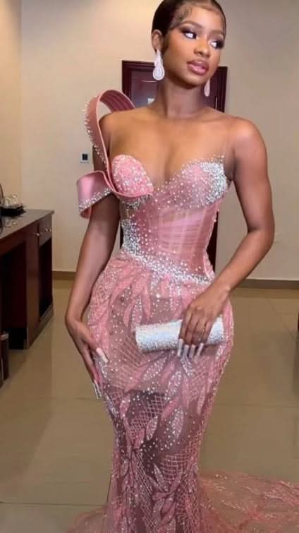 BMbride Charming One Shoulder Mermaid Prom Dress Glitter Sequins Pearl Sweetheart Evening Dress BMbride