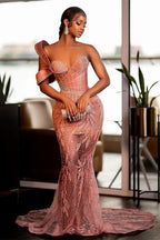 BMbride Charming One Shoulder Mermaid Prom Dress Glitter Sequins Pearl Sweetheart Evening Dress BMbride