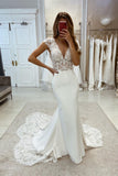 Charming V-neck Lace Sleeveless Mermaid Wedding Dress with an Elegant Train BM bride