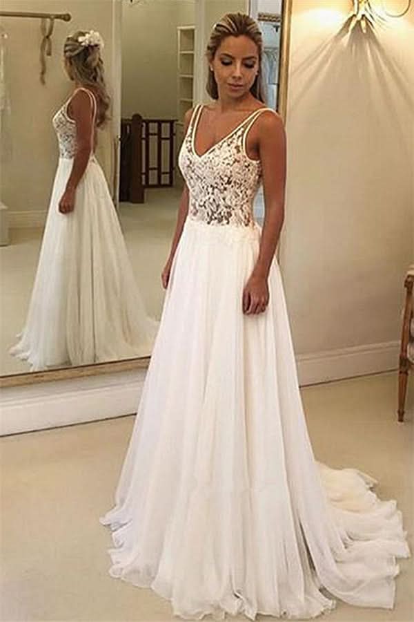 BMbride Charming V-Neck Sleeveless Appliques A-Line Floor-Length Wedding Dresses BMbride