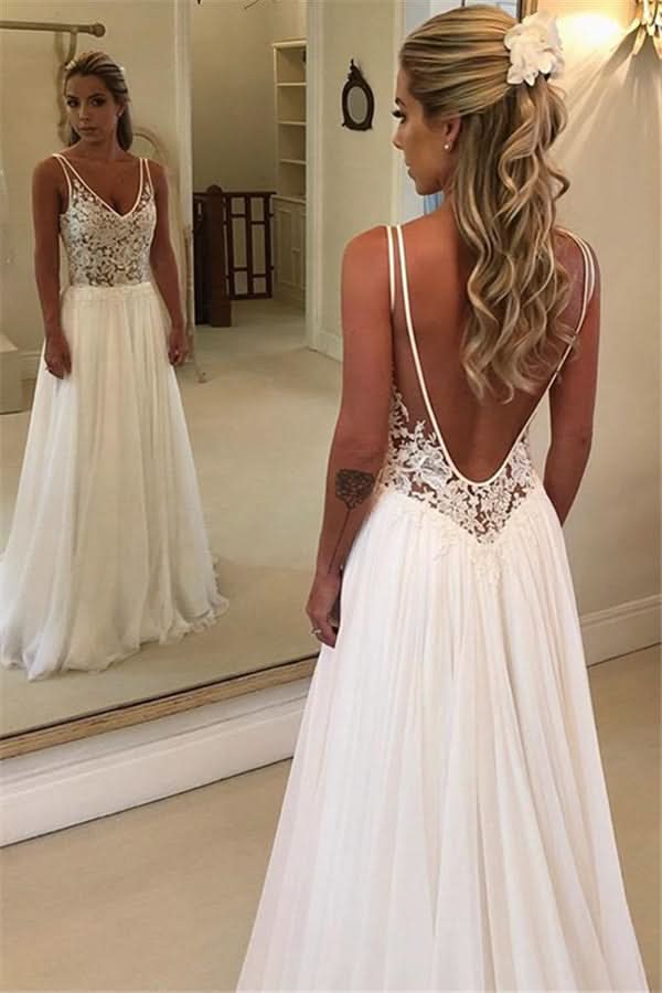 BMbride Charming V-Neck Sleeveless Appliques A-Line Floor-Length Wedding Dresses BMbride