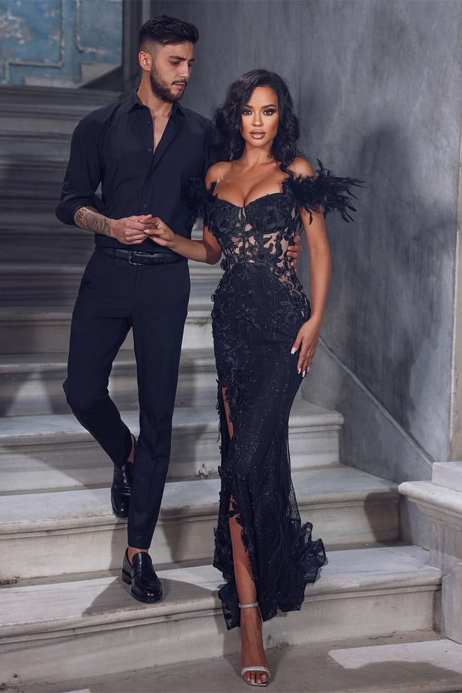 BMbride Chic Black Floor Length Sleeveless Off-The-Shoulder Mermaid Lace Prom Dress with Split BMbride