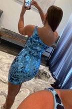 Modern Chic Blue Short Homecoming Dress with Cut Glass Mirror BM bride