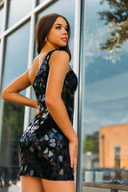 Modern Chic Blue Short Homecoming Dress with Cut Glass Mirror BM bride