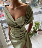 BMbride Chic Floor Length Portrait A Line Satin Prom Dress with Ruffles BMbride