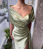 BMbride Chic Floor Length Portrait A Line Satin Prom Dress with Ruffles BMbride