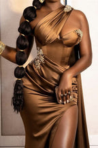 BMbride Chic Floor Length Sleeveless Mermaid Satin Prom Dress with Split BMbride