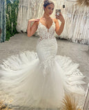 BMbride Chic Floor Length V-Neck Spaghetti Straps Sleeveless Mermaid Wedding Dress with Chapel Train BMbride