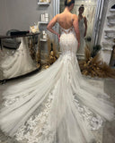 BMbride Chic Floor Length V-Neck Spaghetti Straps Sleeveless Mermaid Wedding Dress with Chapel Train BMbride
