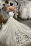 BMbride Chic Floor Length V-Neck Spaghetti Straps Sleeveless Mermaid Wedding Dress with Chapel Train BMbride